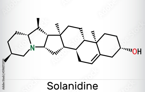 Solanidine molecule. It is poisonous steroidal alkaloid, plant metabolite, toxin. Skeletal chemical formula