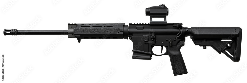 Modern automatic rifle isolated on white background. Weapons for police, special forces and the army. A carbine with red dot sight and silencer on a white back.