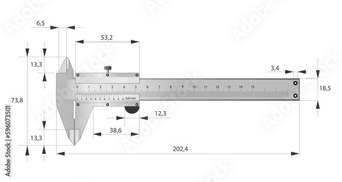 The realistic vernier caliper and scale with dimensions. Measuring tool and equipment. Editable Illustration isolated on white background.Vector