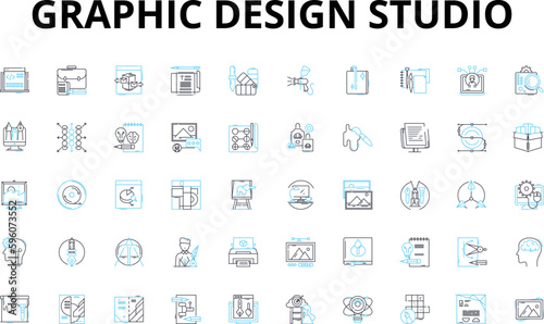 Graphic design studio linear icons set. Creativity, Typography, Branding, Logos, Illustration, Layout, Color vector symbols and line concept signs. Composition,Animation,Infographics illustration