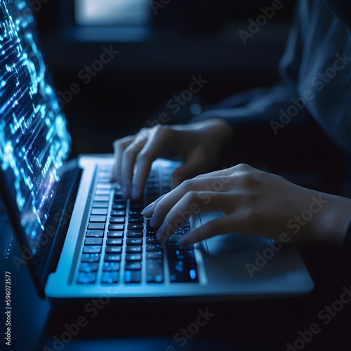 Person typing on a keyboard, Big data technology and data science, colorful data, analyzing and visualizing complex data set on virtual screen, Data flow concept, artificial intelligence 