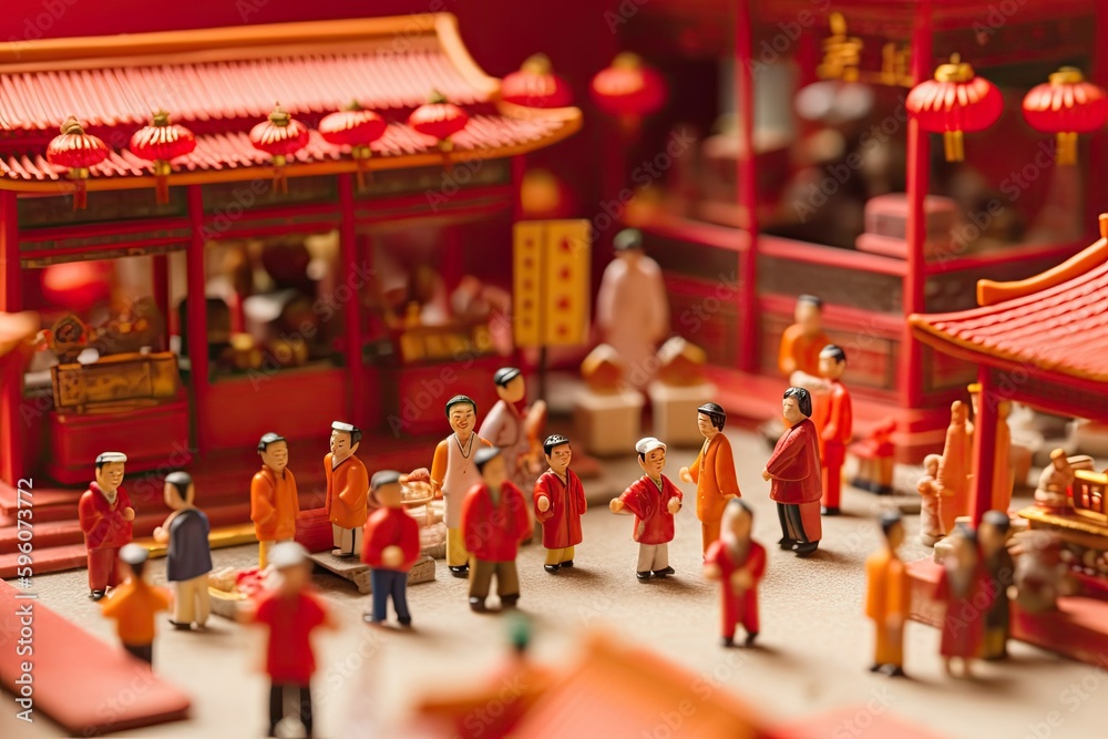Chinese New Year Diorama. Celebration of national holiday in traditional style. Miniature of small Chinese town. Retro vintage old houses and street created with Generative AI Technology