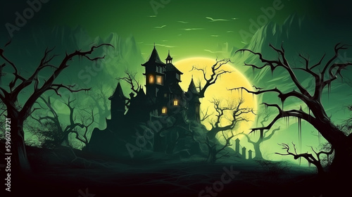 Halloween background with haunted house and full moon.generative ai
