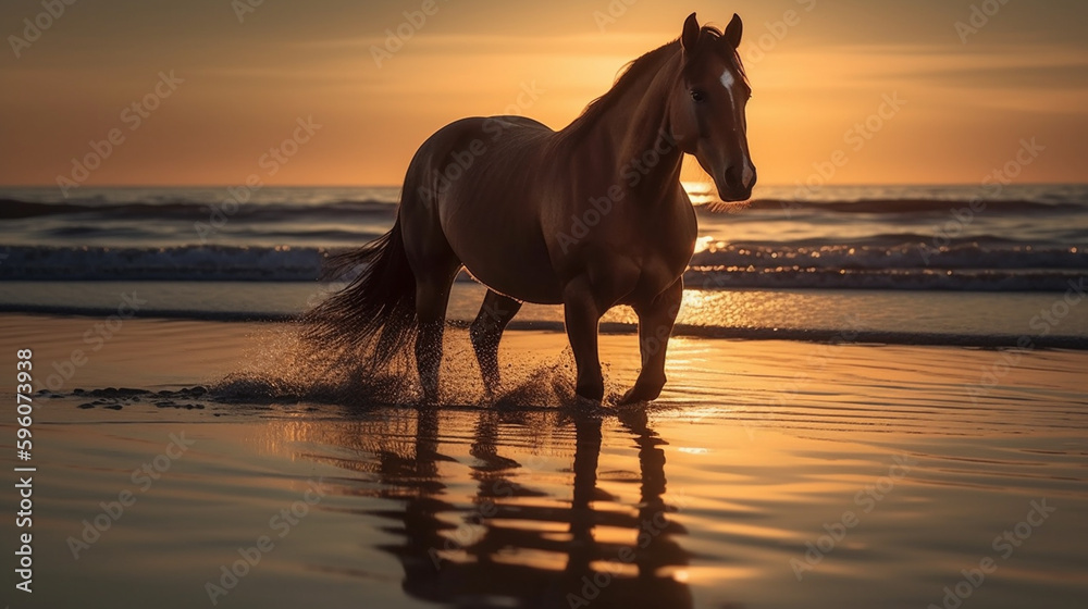 Horse on the beach at sunset with reflection in water,generative ai Horse on the beach at sunset with reflection in water,generative ai