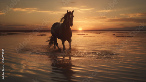 Horse on the beach at sunset with reflection in water,generative ai
