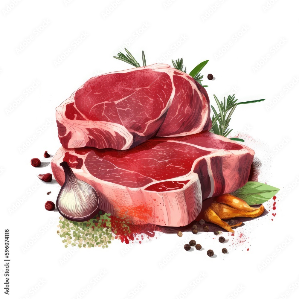 Meat fillet. Raw meat for cooking. Fresh Vegetables and spices. Watercolor illustration created with Generative AI Technology