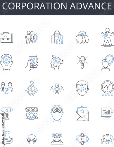 Corporation advance line icons collection. Company boost  Agency progress  Organization improvement  Business growth  Firm development  Establishment prosperity  Partnership headway vector and linear