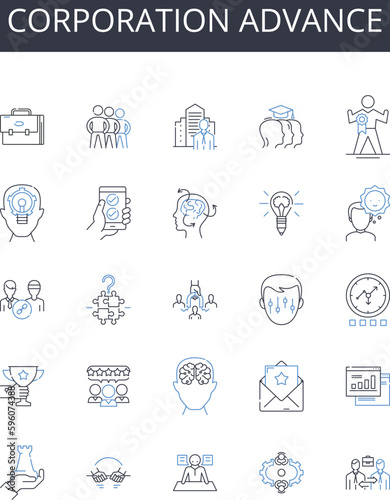 Corporation advance line icons collection. Company boost, Agency progress, Organization improvement, Business growth, Firm development, Establishment prosperity, Partnership headway vector and linear