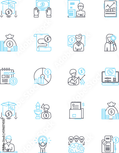 Cash flow plan linear icons set. Budget, Forecasting, Projections, Analysis, Expenses, Income, Outflows line vector and concept signs. Inflows,Revenue,Liquidity outline illustrations