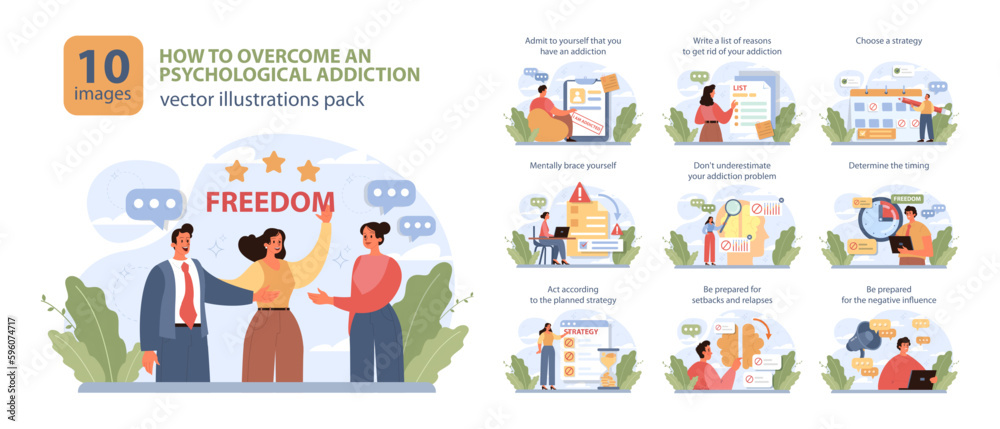 How to overcome or get rid of bad habit or addiction set. Toxic and dangerous How to overcome or get rid of bad habit or addiction set. Toxic and dangerous