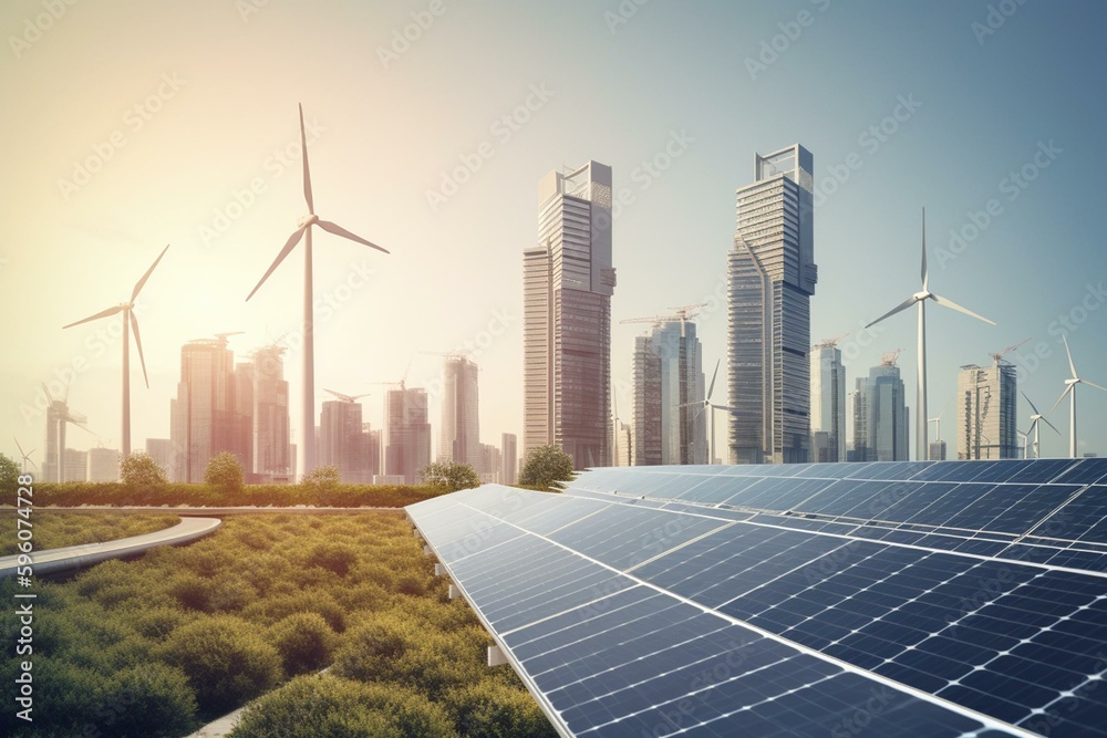 Renewable energy meets urbanism. Sustainable cityscape with wind ...