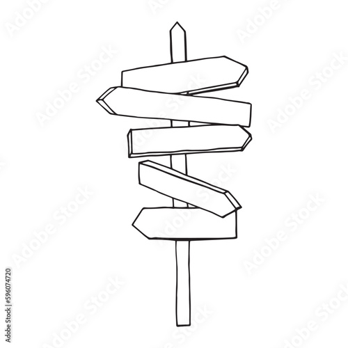wooden signpost on a tourist route doodle hand drawn. Way sign to summer camp, hiking trail. Guidepost arrow. Sketch isolated vector illustration