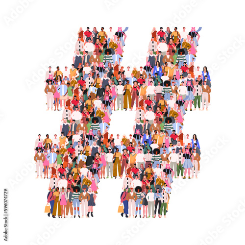 Large group of people in form of Hashtag symbol. Number sign, hash, or pound sign. People standing together. A crowd of male and female characters. Flat vector illustration 