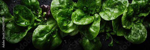 green salads, top view, water drop, panoramic, studio light, patternsbackground, gastronomy photo, AI