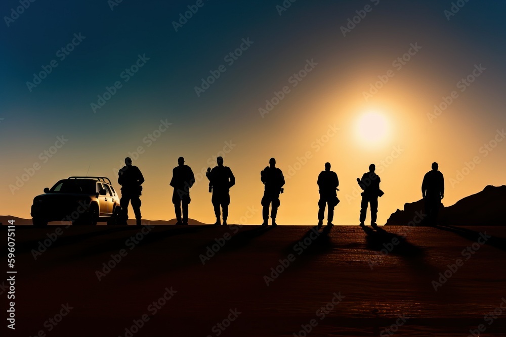 Twilight Warriors: Silhouettes of Modern Soldiers and Military Vehicles