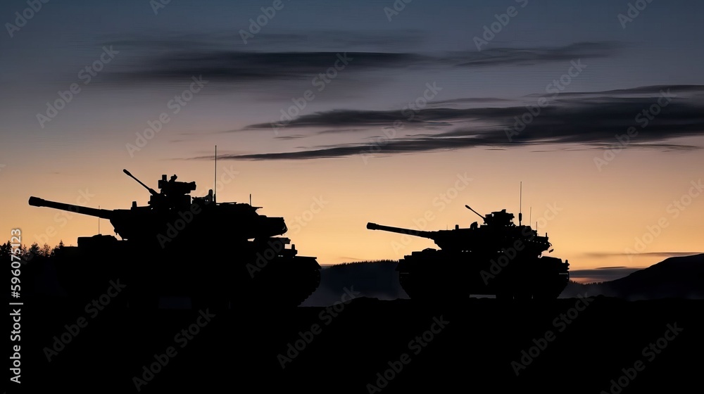 Twilight Warriors: Silhouettes of Modern Soldiers and Tanks