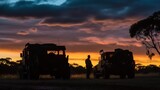 Twilight Warriors: Silhouettes of Modern Soldiers and Military Vehicles
