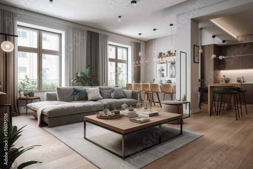 Contemporary flat interior design with 3D representation of the living area. Generative AI