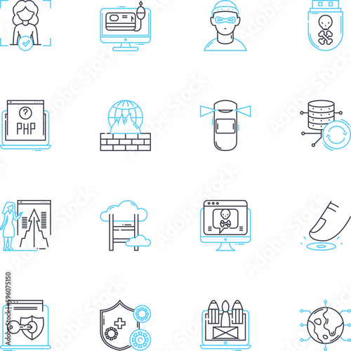 Artificial universe linear icons set. Simulation, Virtuality, Sci-fi, Digital, Synthetic, Augmented, Alternate line vector and concept signs. Illusion,Fiction,Matrix outline illustrations