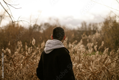 Contemplating the Vastness: Young Man Gazing at Golden Wheat Field, Seeking Clarity and Inspiration
