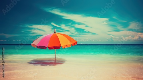 summer mood background wallpaper with copy space, big umbrella parasol on white sand beach, Generative Ai