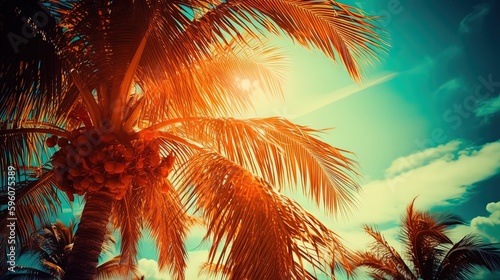 summer mood background wallpaper with copy space, coconut tree with sun flare, Generative Ai © QuietWord