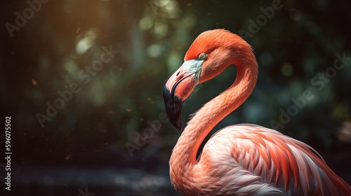 summer mood, close up flamingo bird walking in forest brook, Generative Ai © QuietWord
