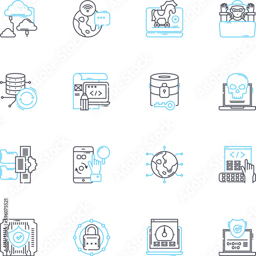 Information safety linear icons set. Encryption, Firewall, Malware, Authentication, Privacy, Cybersecurity, Phishing line vector and concept signs. Vulnerability,Hackers,Passwords outline