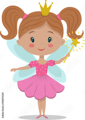 A cute little fairy with a crown and wings. Funny cartoon character tooth fairy in a pink dress. Stock vector illustration isolated on a white background