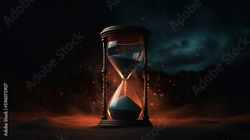 Hourglass on black background. Concept of time management and countdown.generative ai