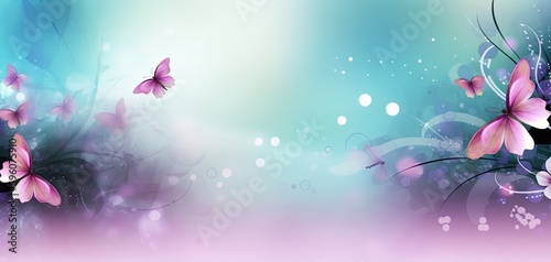 abstract background banner, pink blue gradient color with bokeh glitter glow light, flora flower butterfly light trail, Generative Ai