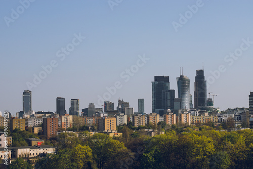 Observation deck with binoculars and a view of a modern business center with office buildings Warsaw Poland-22 April 2023