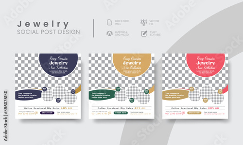 Best deluxe products social media post template design for jewelry square banner ads. Modern editable jewelry shop premium social media popular layout. Vol - 26