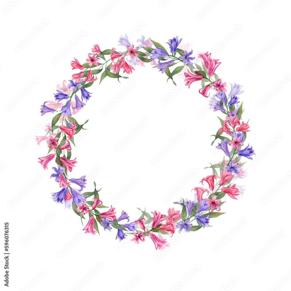 Watercolor wreath with hyacinths isolated on white background. Botanical illustration for postcard design, invitation template, Valentine day, birthday, wedding, mother day cards