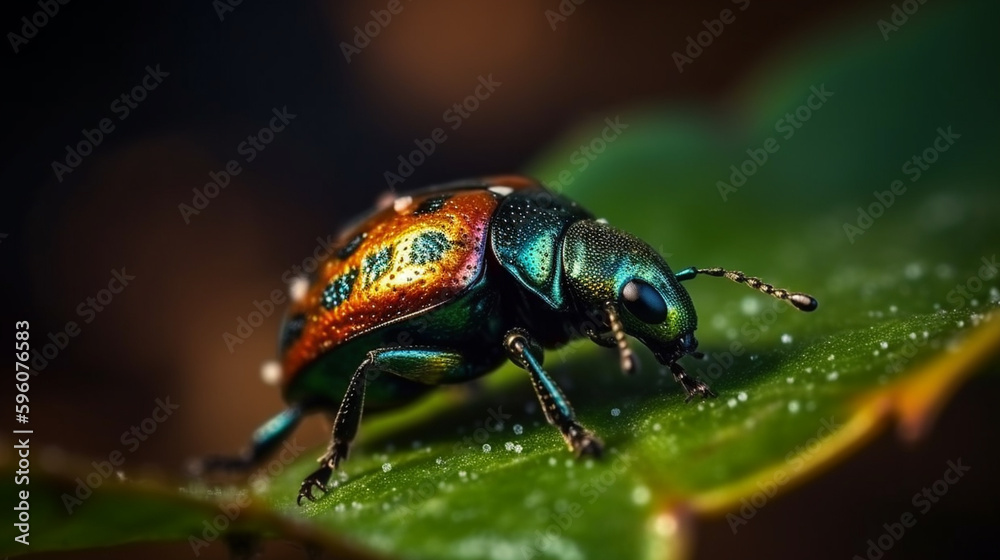 Macro shot of a ladybug on a leaf in the rain.generative ai Macro shot of a ladybug on a leaf in the rain.generative ai