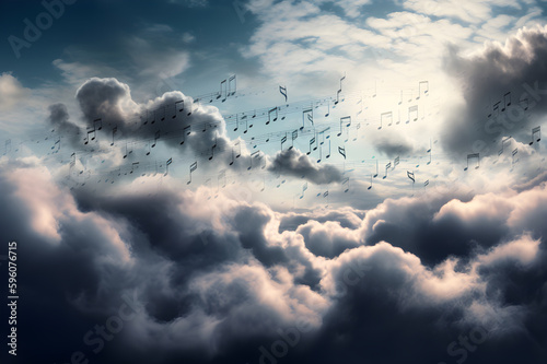 Clouds music notes on blue sky. Generative AI
