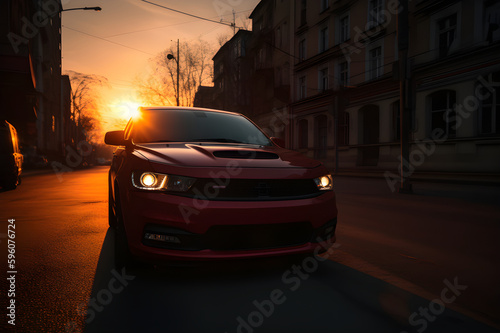road city sunset red , car rider with dark headlights turned on. Generative AI © Iryna