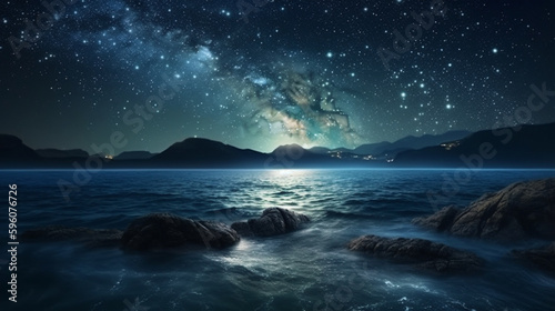 Beautiful night landscape with starry sky and sea.generative ai © S...