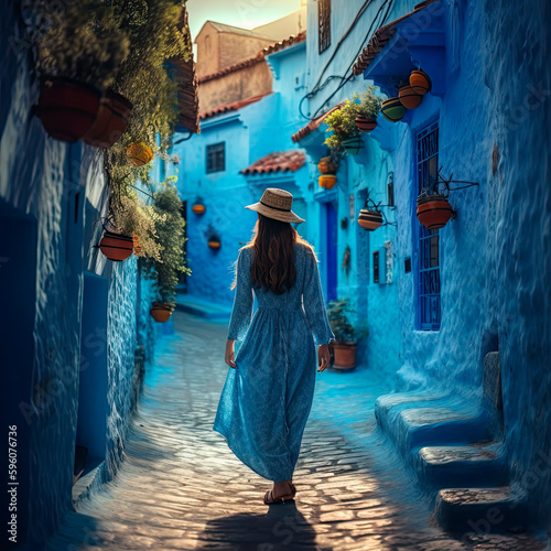 Young woman with dress visiting the blue city Chefchaouen, Marocco - Happy tourist walking in Moroccan city street - Travel and vacation lifestyle concept. Generative AI © Александр Марченко