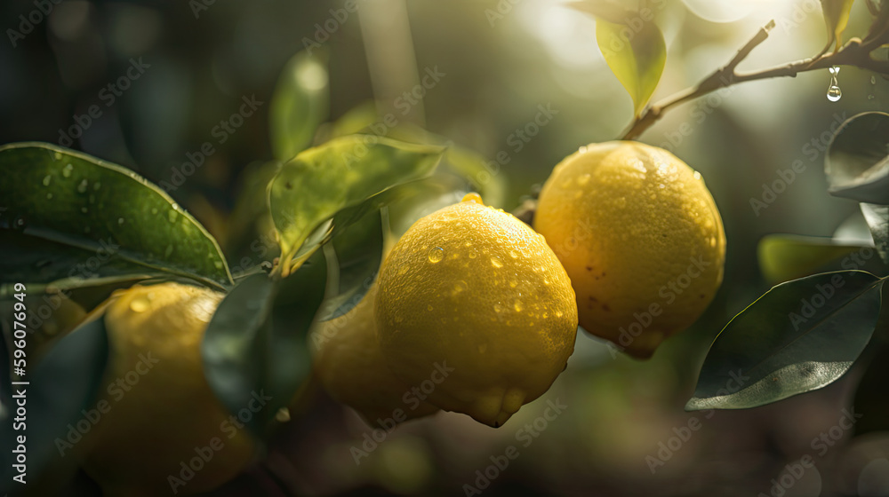 yellow lemon on branch, panoramic banner, first light of day, nature background, close up shot, water drop, AI