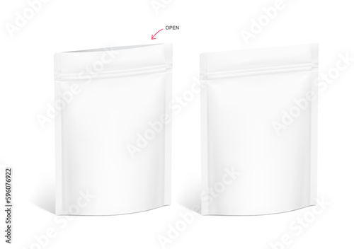 Stand up pouch bag mockup on white background. Vector illustration. Close and open view. Can be use for template your design, presentation, promo, ad. EPS10.	