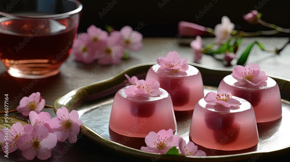 pink cherry yokan traditional Japanese jelly candy with sakura flower decoration, Generative Ai pink cherry yokan traditional Japanese jelly candy with sakura flower decoration, Generative Ai
