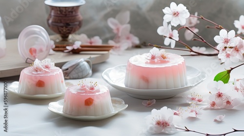 pink cherry yokan traditional Japanese jelly candy with sakura flower decoration  Generative Ai