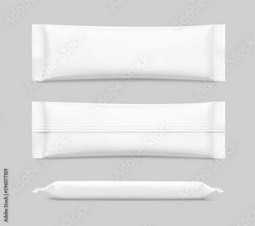 Realistic flow package bag mockup. Vector illustration. Front, side and back view. Ready for your design. It can be used in the adv, promo, package, etc. EPS10.