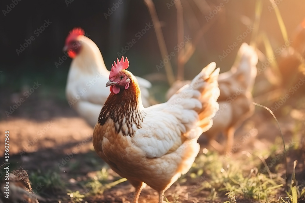 Fototapeta premium Domestic chickens in nature. Created using Generative AI technology.