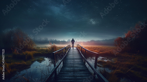 Fantasy landscape with a man walking on a wooden pier over a lake at night.generative ai
