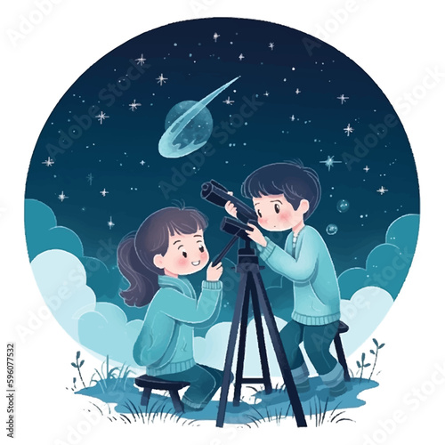 Children are observing the space with telescope, flat stye vector.