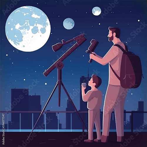 Dad and his children are observing the space with telescope, flat stye vector.