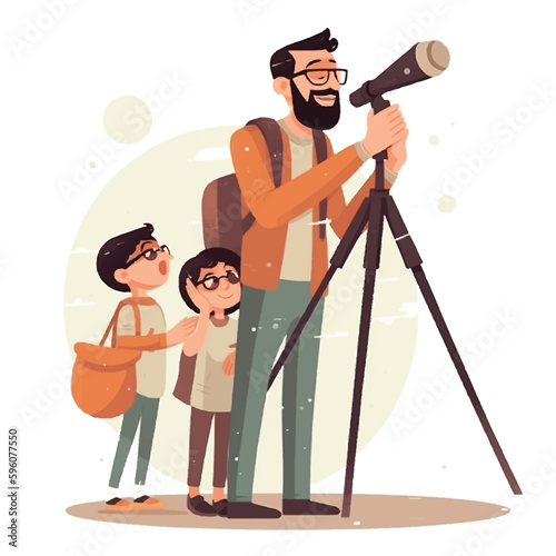 Dad and his children are observing the space with telescope, flat stye vector.