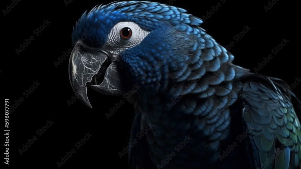 Fototapeta premium Beautiful blue macaw parrot isolated on a black background.generative ai